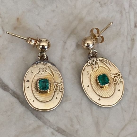 Antique?14K Yellow Gold & Genuine Emerald Drop Earrings